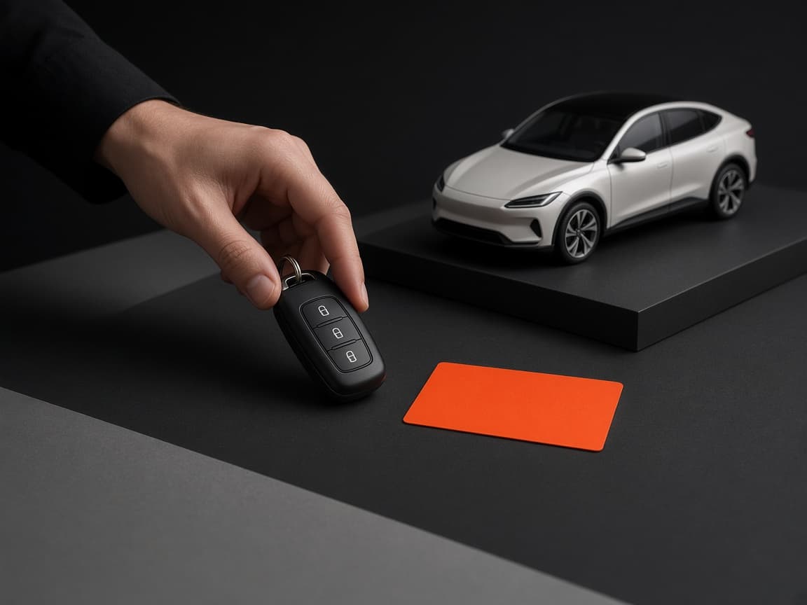 Clé de voiture et véhicule blanc sur un décor anthracite