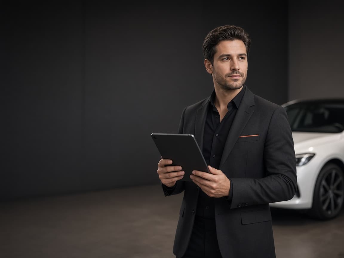 Conseiller automobile tenant une tablette